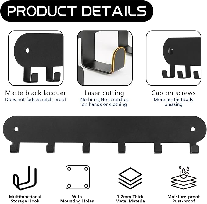 2 Pack Key Holder for Wall,Key Hooks,Key Holder Wall Mount Self Adhesive, Key Rack Wall Mount for Wall No Drill for Living Room, Kitchen, Bathroom, Garage (Black, 6 Hooks)