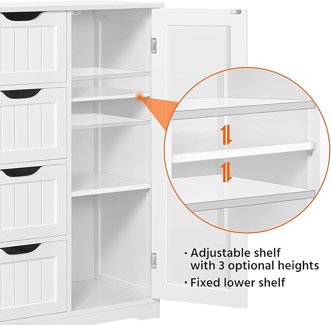 Yaheetech Large Bathroom Floor Cabinet with 4 Dawers and Single Door Cabinet, Freestanding Storage Cabinet for Living Room Kitchen Hallway, White