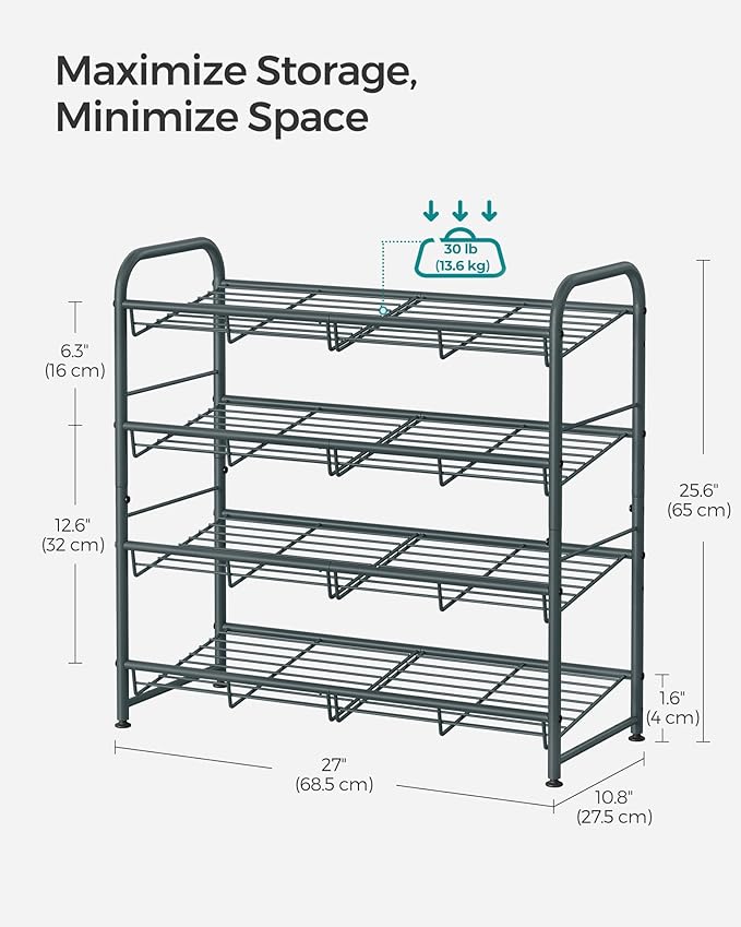 SONGMICS Shoe Rack, 4 Tier Shoe Organizer for Closet, Holds up to 16 Pairs of Shoes, Shoe Rack for Front Door Entrance, Metal Shoe Shelf with Adjustable Tilt Angle, for Entryway, Garage, Grey