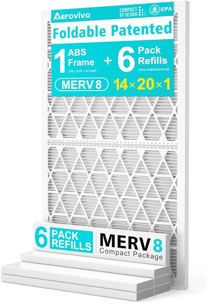 14x20x1 Refillable Air Filter Kit, MERV 8, 1 Reusable Foldable Frame & 6 Refills, Fits Most AC HVAC Furnace Devices, Actual Size 13.75x19.75x0.75in