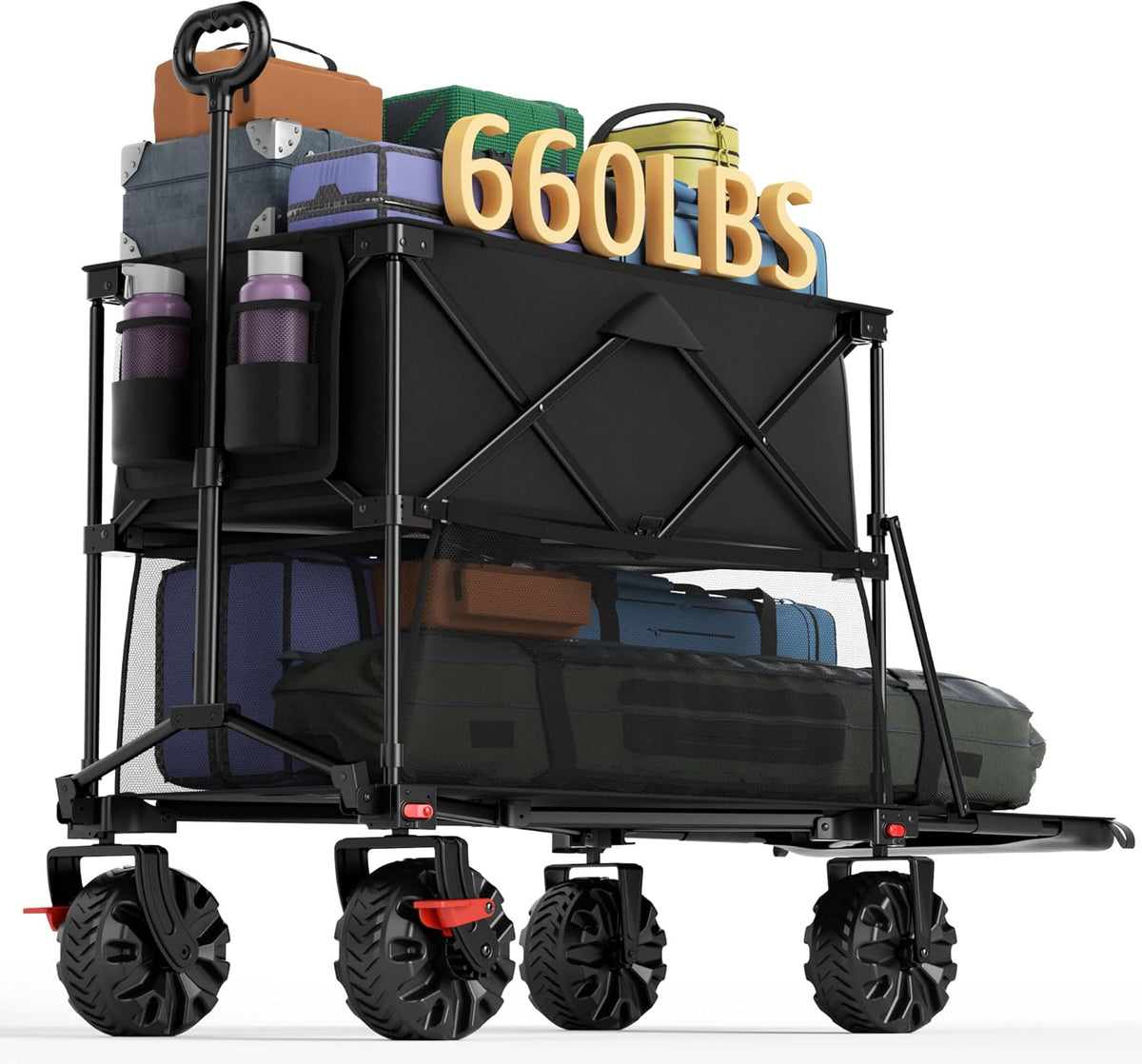 Portal Collapsible Large Double Decker Wagon with Brakes, 660lb Foldable Heavy Duty Utility Wagon Cart, 400L All-Terrain Big Wheels & 54" Extra Long Extender for Sports, Camping & Outdoor Use
