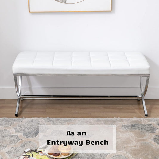 HEAH-YO Modern Button Tufted Bench, PU Faux Leather Ottoman Dining Bench, Stylish Footstool for Entryway Bedroom Kitchen Dining Table, White
