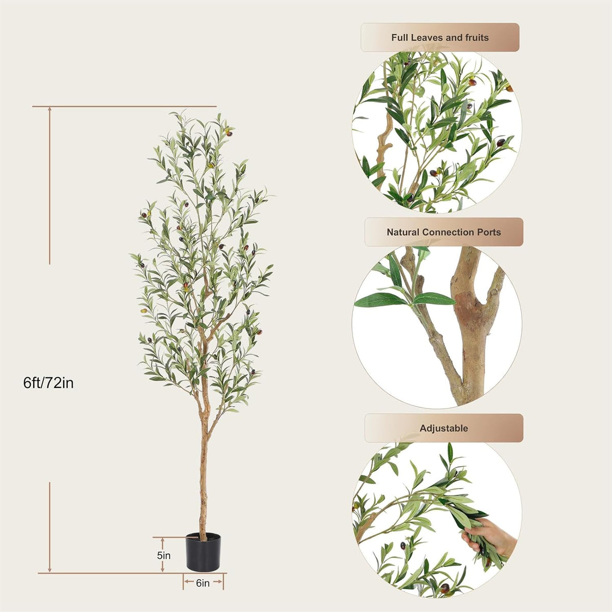 Bellacat Faux Olive Tree 6ft,Olive Trees Artificial Indoor with Natural Wood Trunk and Realistic Leaves and Fruits. 6 Feet(72in) Fake Olive Tree for Home House Office Décor.