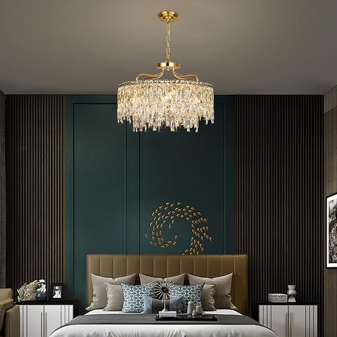 Gold Crystal Chandeliers for Dining Room Light Fixture, 24" Modern Round Chandeliers,8 Lights Luxury Ceiling Pendant Ceiling Lighting for Dining Room Bedroom Entryway Foyer Staircase