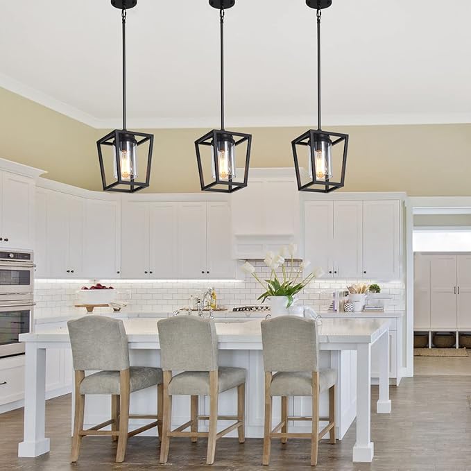 SGLfarmty 1-Light Black Pendant Lights Kitchen Island, Farmhouse Cage Metal Hanging Light Fixtures with Glass Shade,Adjustable Lantern Pendant Lighting for Dining Room, Entryway, Hallway