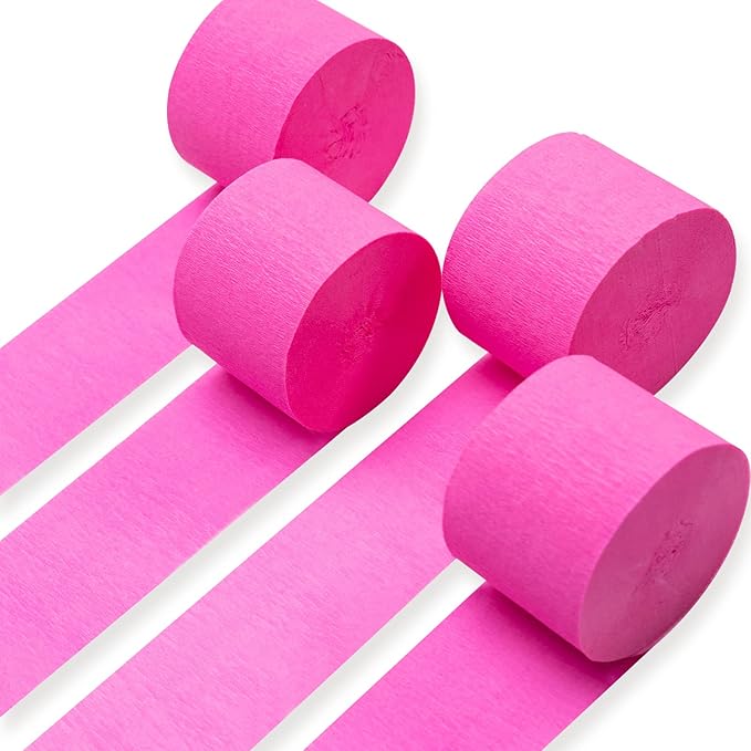 PartyWoo Pink Crepe Paper Streamers 4pcs 328ft Pack of Dark Hot Pink Magenta Fuchsia Crepe Paper Streamers for Birthday Gender Reveal Baby Shower Wedding Bachelorette Princess Party Decorations