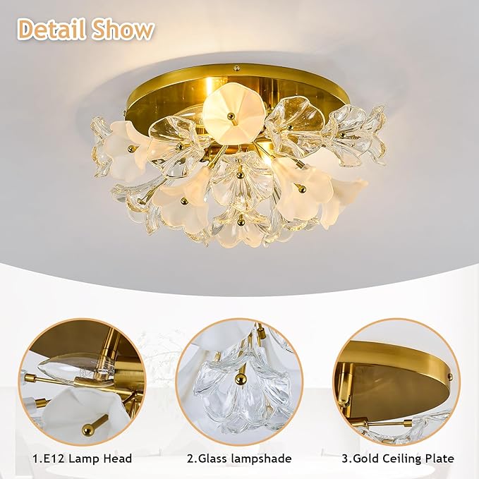 2-Light Modern Glass Flush Mount Ceiling Light Fixture Vintage Gold Chandelier Metal E12 Ceiling Lamp for Farmhouse Hallway Bedroom Kitchen Living Room Closet