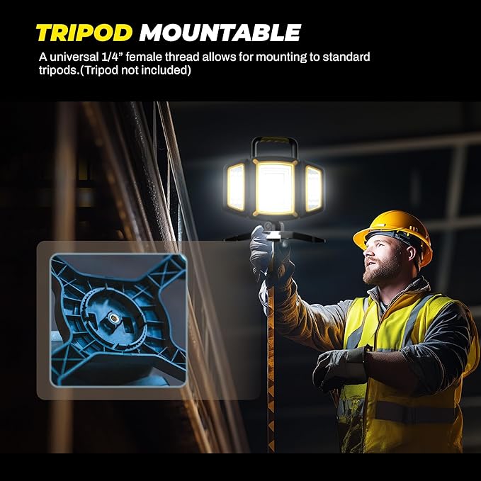 Yzoni Rechargeable Work Light, 30W 3000Lumen LED Work Light with 5 Modes, Battery Powered Magnetic Lights with 360°Rotate Foldable Design, Job Site Lighting for Car Repair, Garage, Workshop, Camping