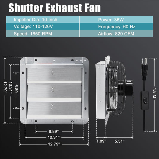 Criditpid 10 Inch Shutter Exhaust Fan 820 CFM, Wall Mounted Exhaust Fan with ON/OFF Power Cord for Greenhouse, Chicken Coop, Attic, Shed, Garage, Warehouses Ventilation, Low Noise louvered Vent Fan.