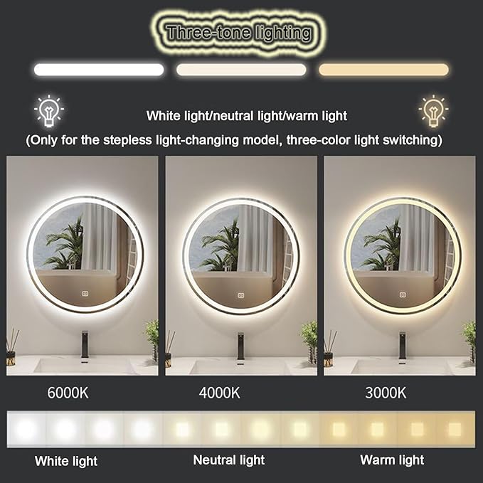 Round Bathroom Mirror with LED Lights and Demister,Round LED Bathroom Mirror with Light,Large Circle Mirror Backlit + Front Light,3 Colors Dimmable/Demister Pad(B,H60*W60cm/H23.6*W23.6IN)