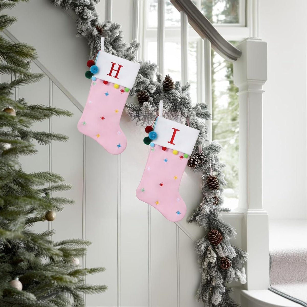 19" Pink Personalized Christmas Stocking—Embroidered Letter-S | Embroidered Fleece Stockings with Stars & Pom Poms, Holiday Fireplace Decor for Xmas Party,Festive Gift