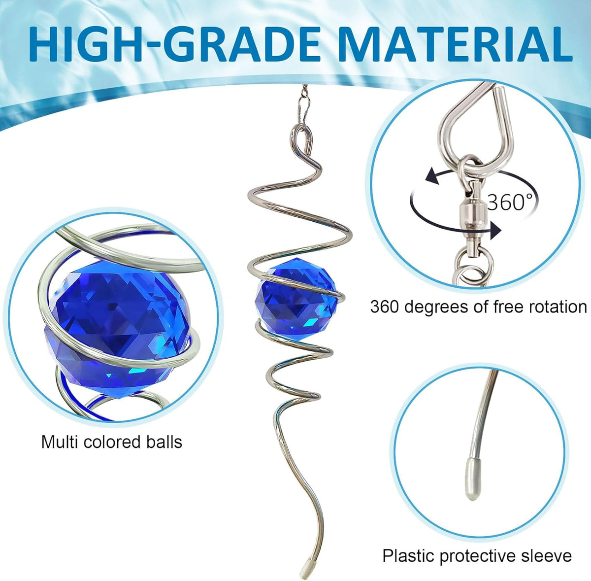 Gazing Ball Spiral Tail Wind Spinner with Sea Blue Crystal Orb, Wind Spinners Stabilizer with Hanging Swivel Hook, Sun Catcher Rainbow Maker Indoor & Outdoor Decoration Garden Gift 13" Height