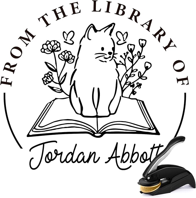 Personalized Book Embosser - Custom Library Stamp, Personal Gifts for Book Lovers, Readers, Teachers (Cat-27)