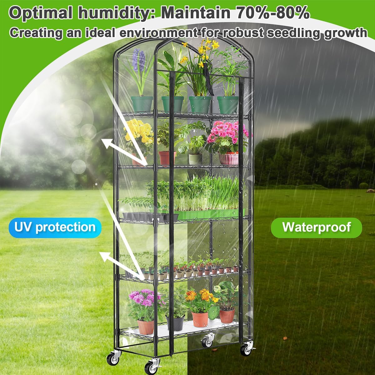 Abimars 5-Tier Greenhouse with Caster Wheel, Each Shelf Height Adjustable Metal Plant Shelf with PVC Cover for Seed Starting Trays, Seedling Pots, Plant Pots, 13x29x73inch
