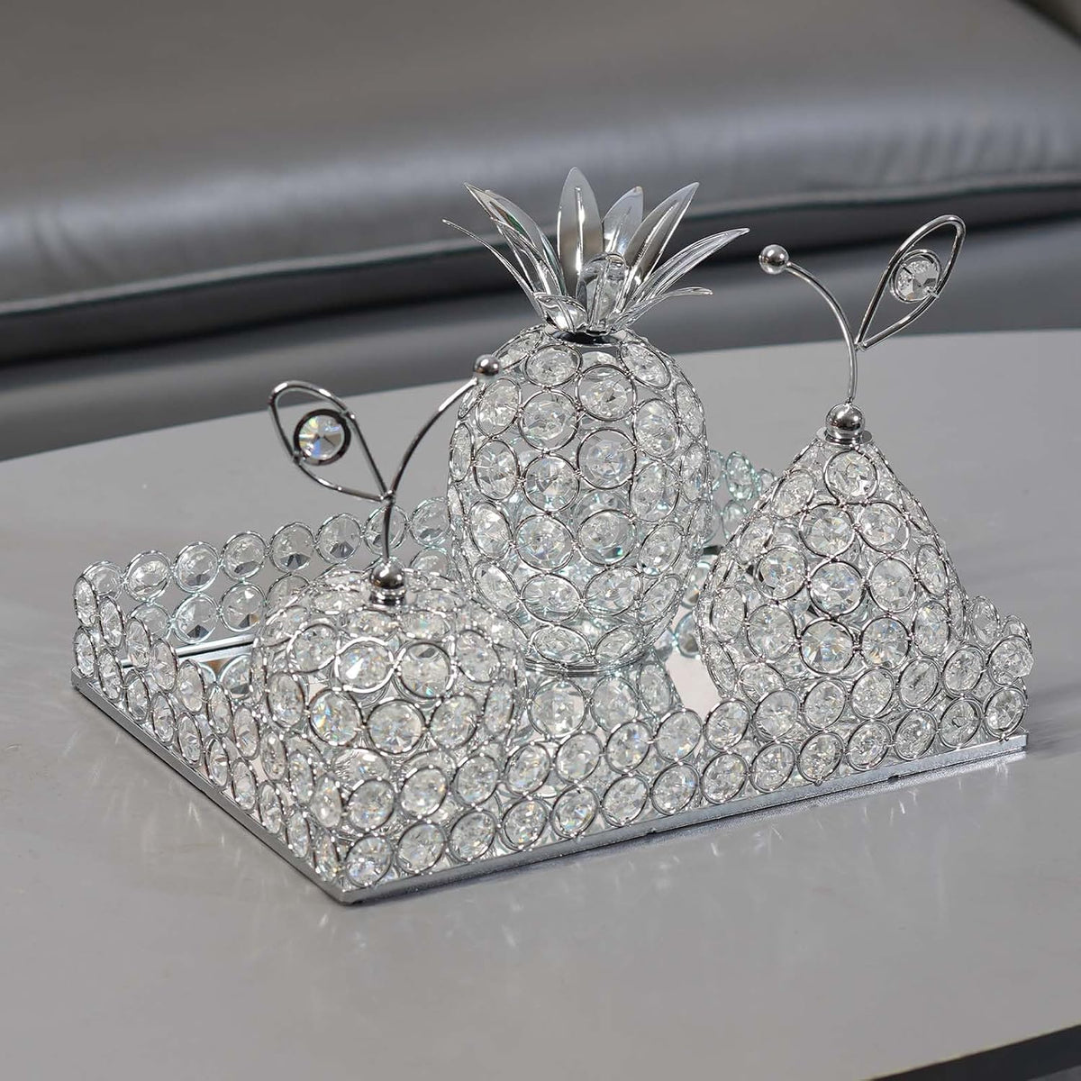 Elegant Decorative Trays & Crystal Fruit 4-Piece Set, Crystal Tea Light Holder - Wedding Centerpieces for Holidays, Home Table Decorations, Fruit Displays and Candle Holders (Silver, Set of Four)