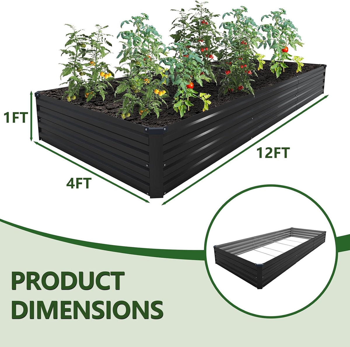 12×4×1FT(2PCS) Galvanized Raised Garden Bed Kit, Metal Planter Boxes,Large Outdoor Planters Garden for Planting Vegetables,Flowers,Herbs -Black