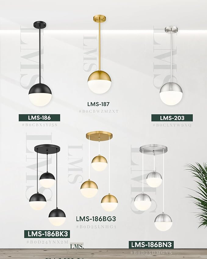 LMS Modern Pendant Lighting Gold Globe Pendant Light Fixture, Mid Century Chandelier One Light Hanging Fixture for Kitchen Island, Adjustable Indoor Lighting for Dinning Room Bedroom, LMS-187