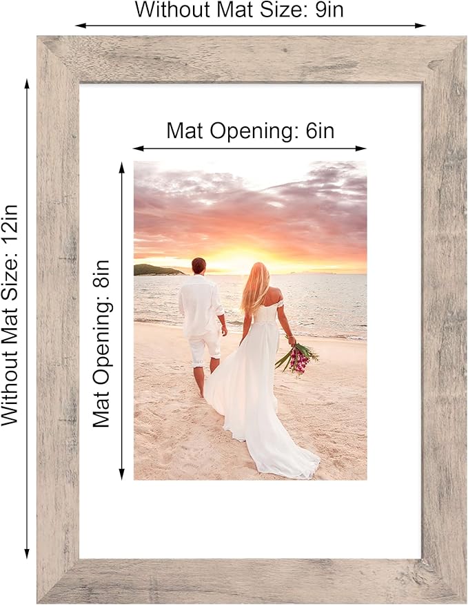 9x12 Picture Frame Set of 4 with Tempered Glass, Smoke Gray Frame Display 6x8 Pictures with Mat or 9 x 12 Without Mat, Rustic Wodd Photo Frames for Wall Mount and Tabletop Display