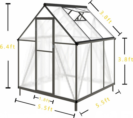 CQZY 6x6 FT Greenhouse for Outdoors, Polycarbonate Greenhouse with Quick Setup Structure and Roof Vent, Aluminum Large Walk-in Green House for Outside Garden Backyard, Dark Gray