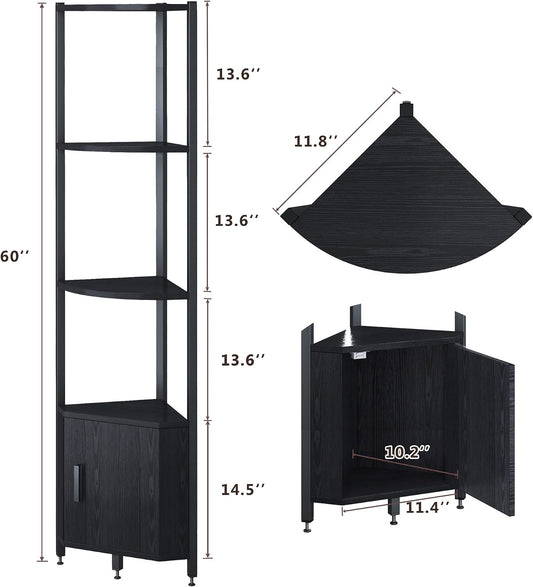 Corner Shelf with Storage, LED Lights 6-Tier Corner Bookshelf, 66'' Organizer Book Shelf Shelves Steel Frame Display Stand with Living Room, Bedroom, Study, Black