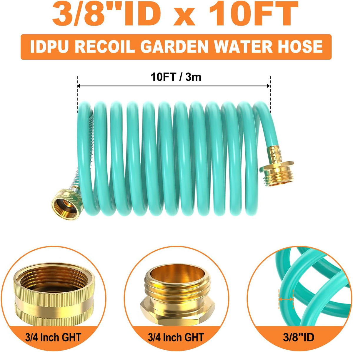 GASHER 10FT PU Recoil Garden Water Hose with 3/4"Inch Brass Fittings Retractable, Swivel Female for Boating, Pool & Spa, RV, Home and Garden(Blue)