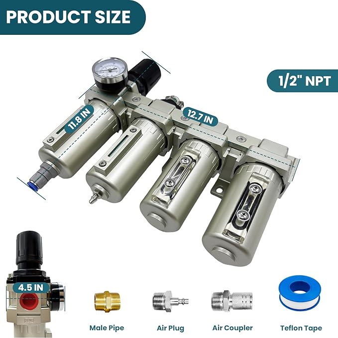 Upgraded 1/2" NPT Heavy Duty Industrial Grade 4 Stage Air Drying System, Particulate Filter, Coalescing Filter, Desiccant Dryer & Air Regulator - for Plasma Cutter, Paint Spray(Auto Drain)