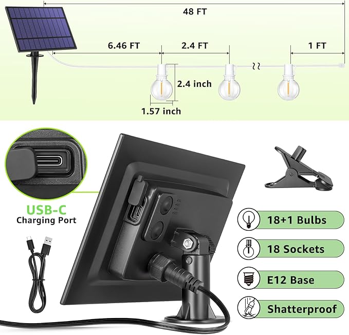 Mlambert 48Ft Solar String Lights, Outdoor Waterproof Patio Lights with 18 Shatterproof G40 Bulbs(1 Spare), Led Light for Backyard-White Wire