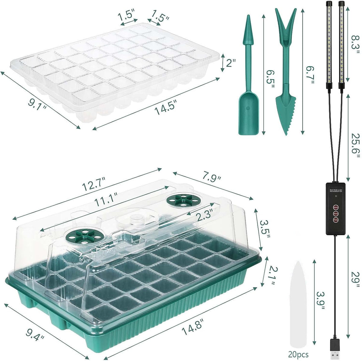 Seed Starter Tray with Grow Light, 2 Packs 80 Cells Seed Starting Kit Seedling Starter Trays with Grow Lights, Plant Germination Trays with Humidity Dome Plant Starter Kit