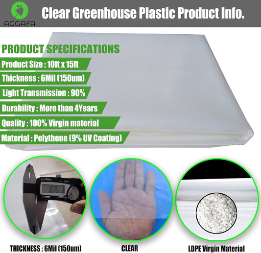 6 mil (10ft x 15ft) 100% Virgin Material. 5Layers Advanced Extrusion Technology for UV Protection, Anti-drip, Anti-Fog, Thermal and Strength. 4Years Lifetime UV Resistant Greenhouse Plastic