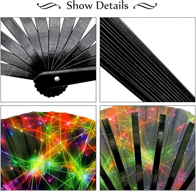 2 Pack Large Folding Rave Fan for Women/Men Holographic Festival Bamboo Clack Hand Fan Decorative Accessories for EDM, Music Festival, Event, Party, Dance, Performance,Halloween (Style-1)