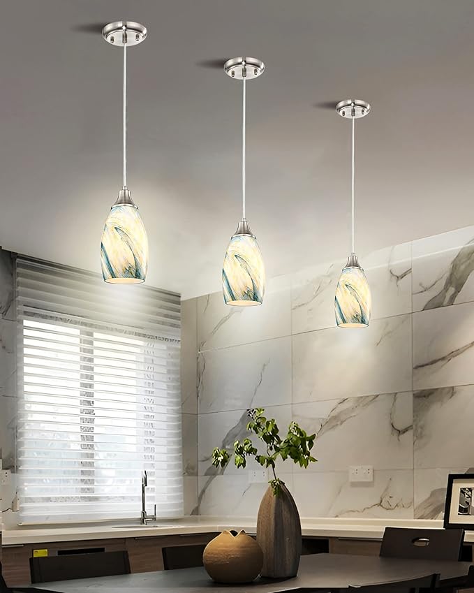 Art Glass Mini Pendant Lights for Kitchen Island Blown Art Glass Pendant Light Shade Hanging Ceiling Lights with Brushed Nickel Finish for Kitchen Counter bar,Dining Room Blue Mixing Yellow-1P