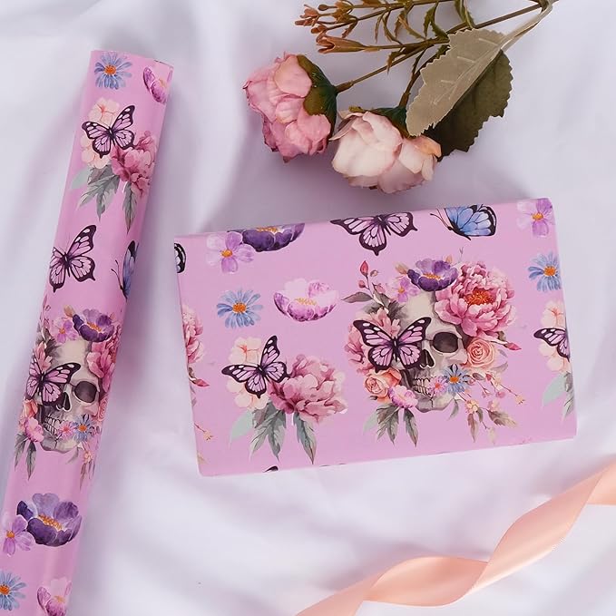 Aimyoo Gothic Wrapping Paper Roll, 17 Inch X 33 Feet Skull Floral Butterfly Design Gift Wrap Paper for Mother's Day, Birthday Bridal Shower