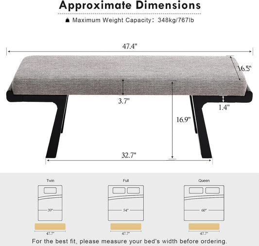 47" Upholstered Entryway Bench with Solid Wood Frame – Mid Century Modern End of Bed Bench, Dining Bench for Kitchen & Living Room, Grey