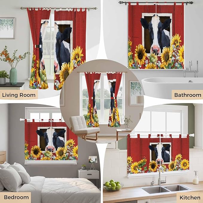 Cow Sunflowers Kitchen Curtains 45 Inch Length, Short Cafe Window Curtains Tab Top, Botanical Floral Leaves Bees Farm Barn Light Filtering Window Treatments Tier Drapes 27.5"x45" 2 Panel
