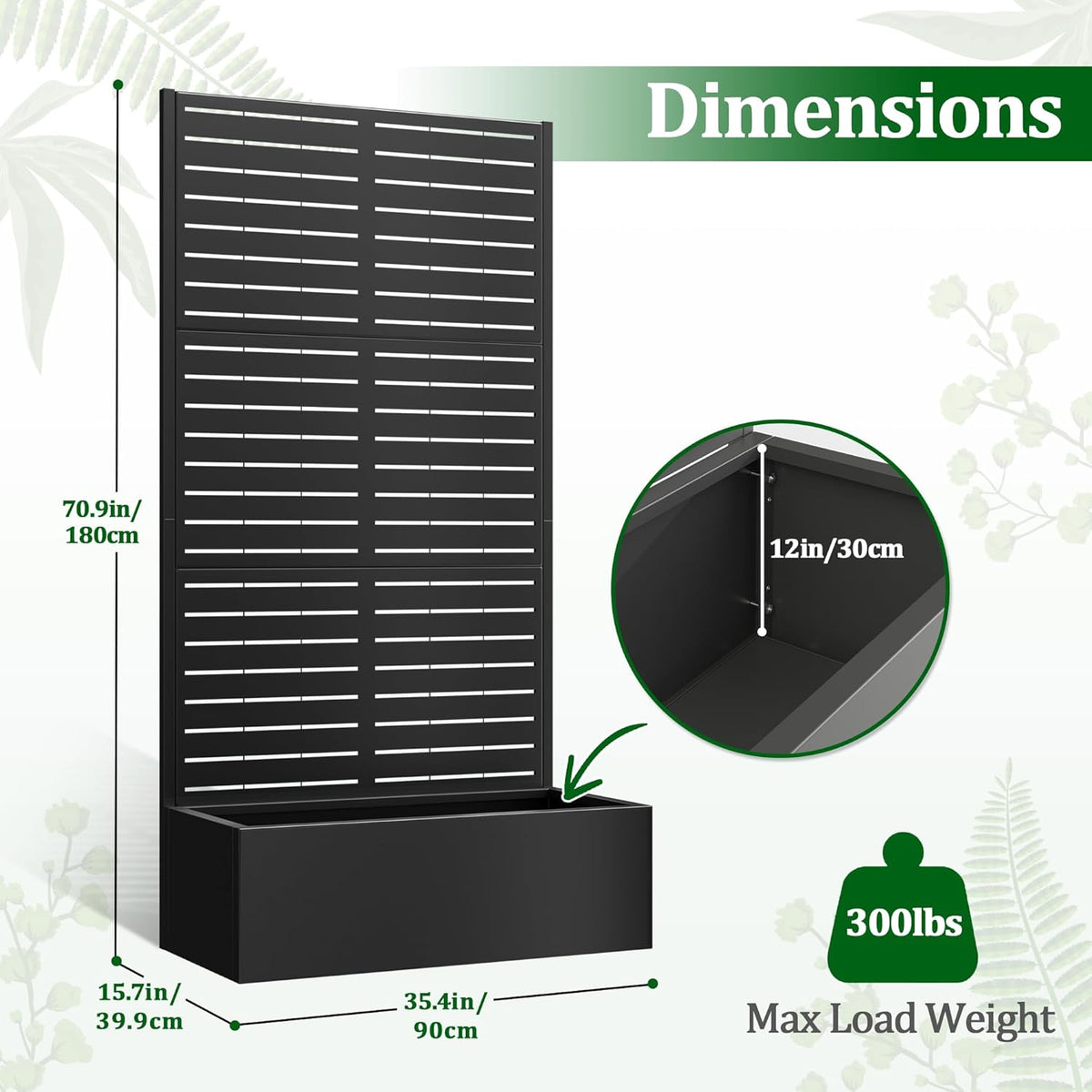 Metal Raised Garden Bed with Trellis, 2 in 1 Trellis with Planter Box & Privacy Screen for Climbing Plants, Vine, Outdoor Standing Flower Beds with Drainage Holes, 35.4"L x 15.7"W x 70.9"H, Black