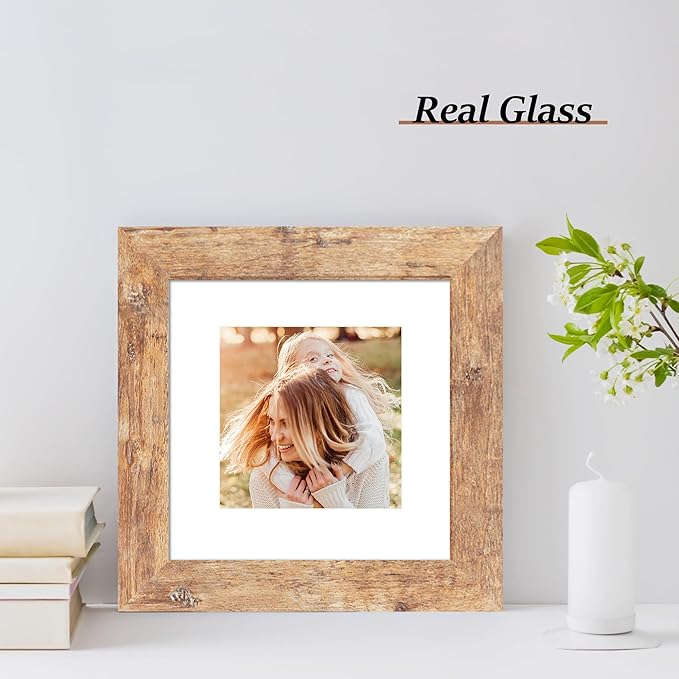 6x6 Picture Frame Set of 4 with Real Glass, Rustic Brown Frames Display 4x4 Picture with Mat or 6 x 6 Without Mat, Square Wood Photo Frame for Wall Mount and Tabletop Display