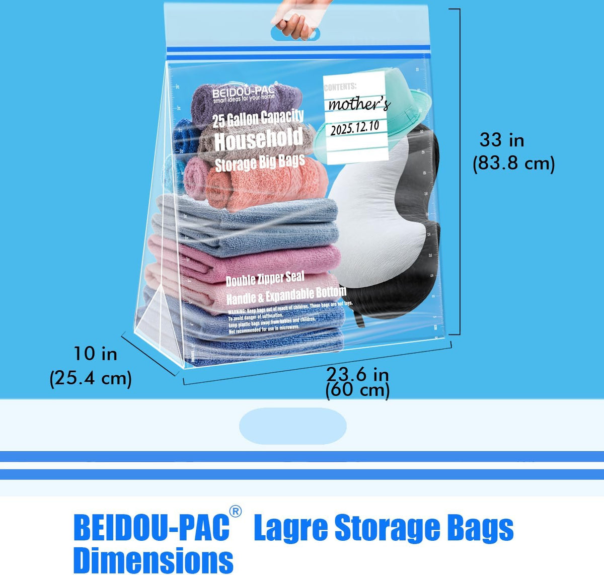 25 Gallon Jumbo Storage Bags with Handle, 30 Counts | Double Zipper Seal | Expandable Bottom, Resealable Clear zip Bags for Home Travel, Moving, Commercial and Outdoor