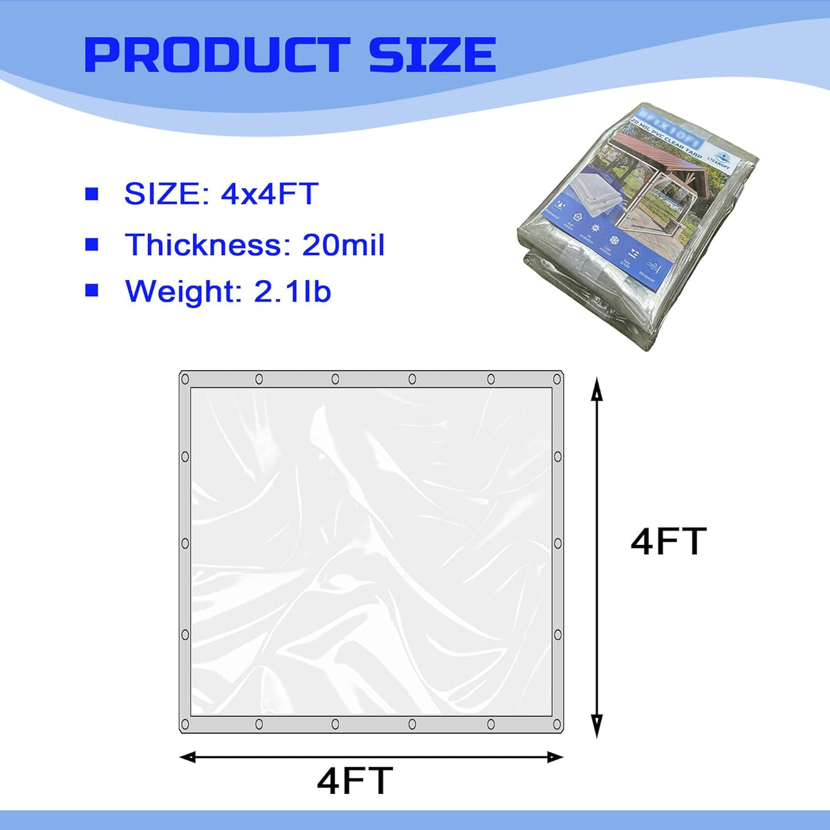 Clear Tarp 4 x 4FT, 20 Mil Clear Vinyl Tarp, Small Cover Plastic Sheeting with Grommets, Double-Stitched Reinforced Edges, Heavy Duty Tarps Waterproof and Tearproof
