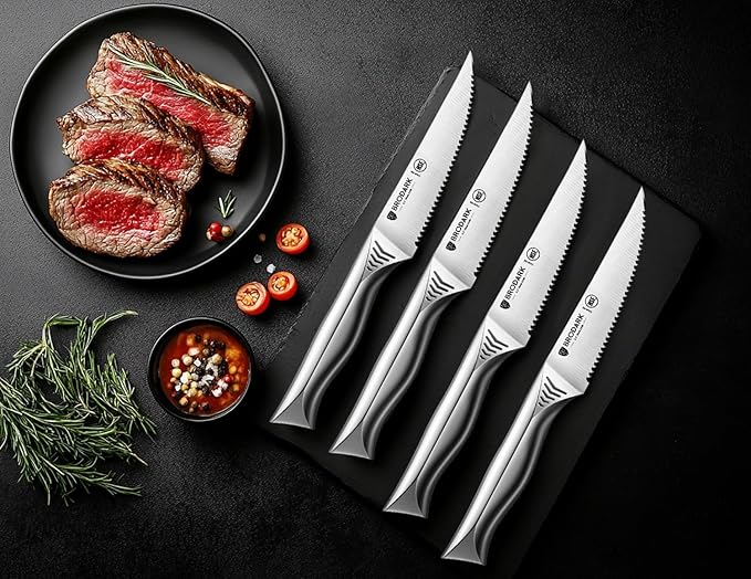 BRODARK Steak Knives Set of 6: 4.5 Inch Serrated Steak Knives - High Carbon Stainless Steel Kitchen Steak Knife Set - Never Need Sharpening - NSF Certified, Shark Series