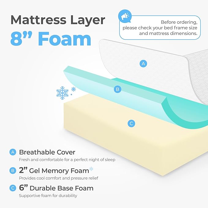 Neo Sleep 8 Inch Full Cooling Gel Memory Foam Mattress Medium Firm CertiPUR-US Certified Foam, Mattress in a Box Enhanced Pressure Relief Removable Soft Cover No Fiberglass (Full, 8 in)