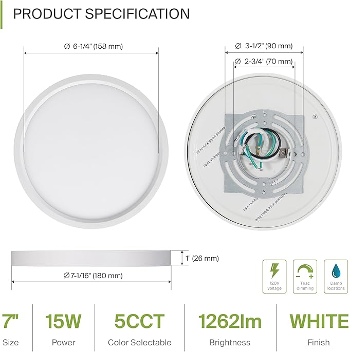 ASD LED 7" Round Flush Mount Ceiling Light Fixture, Low Profile Surface Lighting | 5CCT, Dimmable, Ultra-Thin, ETL Listed | 15W 1260LM 2700-6000K 120V | Kitchen, Bedroom, Hallway Lamp | White, 6 Pack