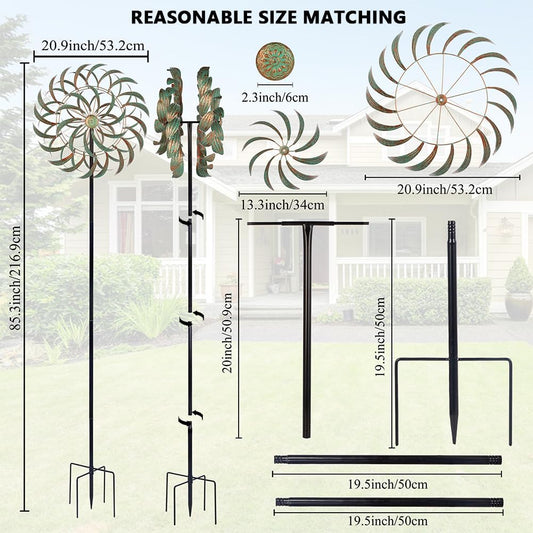 Viveta Large Outdoor Wind Spinner,21 * 85 inches Metal Wind Sculpture with 4 Sturdy Stakes,Green Double Wind Spinners,Decorative Windmill for Yard and Garden