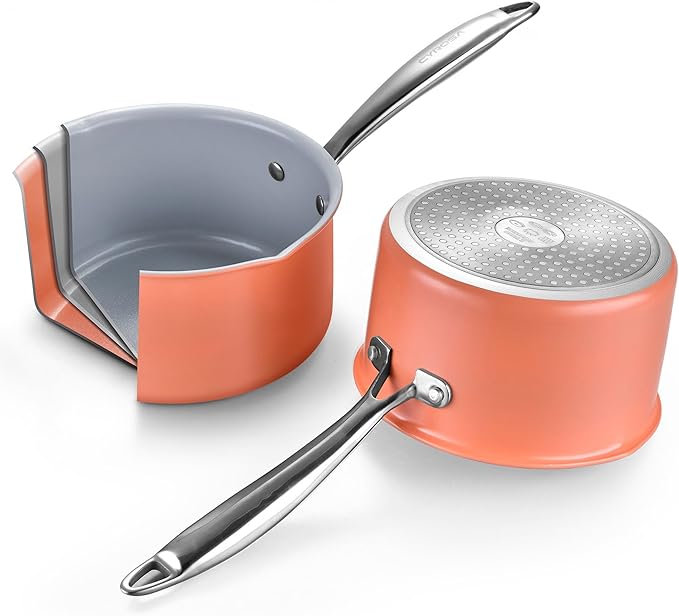 Nonstick Ceramic Saucepan 2.5 Qt,Sauce Pot with Strainer Lid,Two Side Spouts for Easy Pour with Ergonomic Handle,Non Toxic,PTFE &PFOA Free - Oven Safe Compatible with All Stovetops,Perracotta