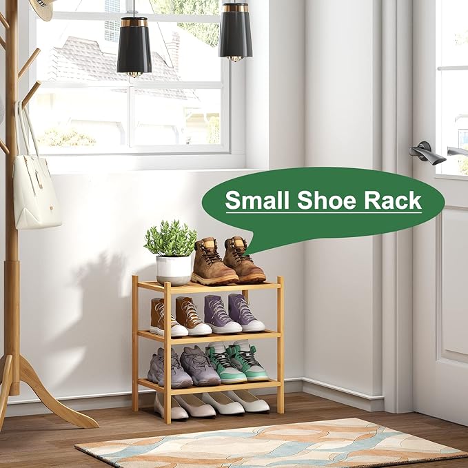 Small Shoe Rack, Bamboo Wood Shoe Rack for Entryway, Stackable | Foldable | Natural, 3-Tier Shoe Organizer for Hallway Closet, Free Standing Shoe Racks for Indoor & Outdoor