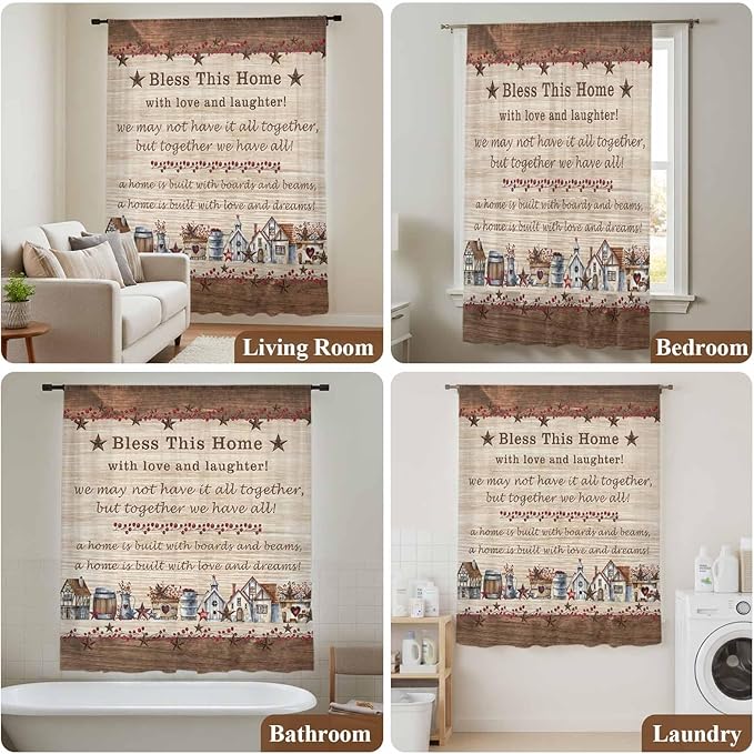 Farmhouse Sheer Curtains 96 Inch Length Brown Country Star Berry Vintage Wood Grain Chiffon Curtain for Bedroom Living Room Light Filtering Rod Pocket Window Treatments Voile Curtains Drapes