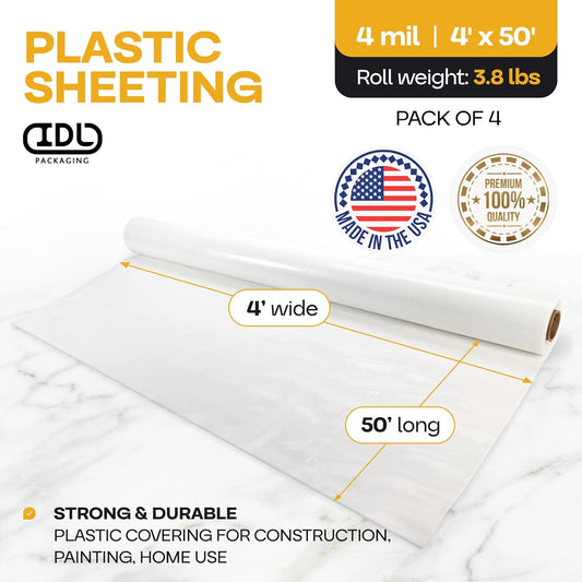 Plastic Sheeting 4 mil, 4' x 50' (200 sq.ft.), Pack of 4 - Thick Semi-Clear Plastic Sheeting for Construction, Painting, Drop Cloth, Slide&Slip - Heavy Duty LDPE Film Roll by IDL Packaging
