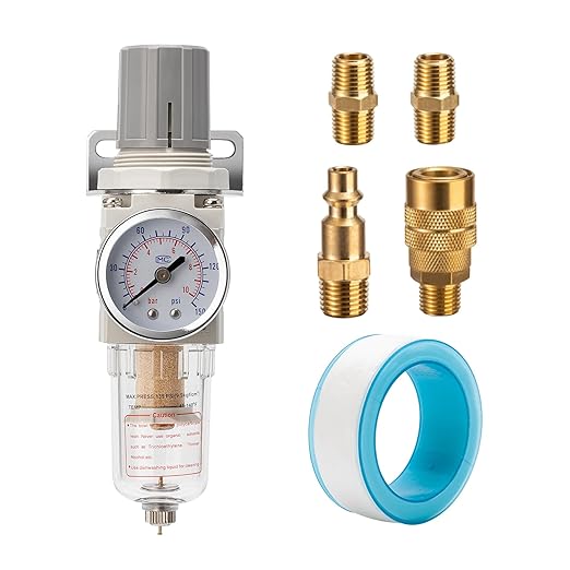 Pneumatic Air Compressor Filter Regulator Combo 1/4" NPT 150 PSI w/Adjustable Gauge-Water Separator,Metal Bracket,Manual Drain,5 Micron Brass Cartridge