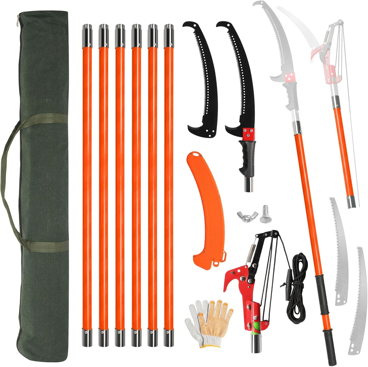 Outvita Manual Pole Saw, 26 Feet Extendable Tree Pruner with Knives and Storage Pocket, Sharp Steel Blade and Scissors High Branches Trimming for Pruning Palms and Shrubs(Orange)
