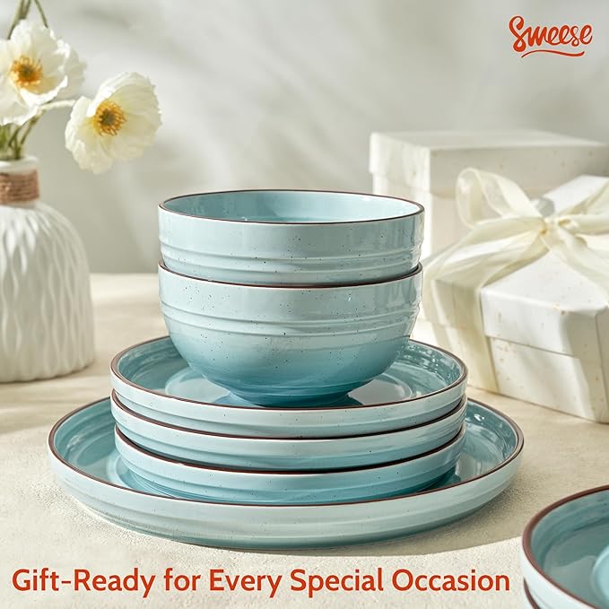 Sweese Plates and Bowls Sets, Porcelain Dinnerware Sets for 6, 18 pcs Handcrafted Glaze Embossed Dinner Set, Scratch Resistant Dishware, Dishwasher Oven Microwave Safe Ceramic Dish Set, Gradient Blue