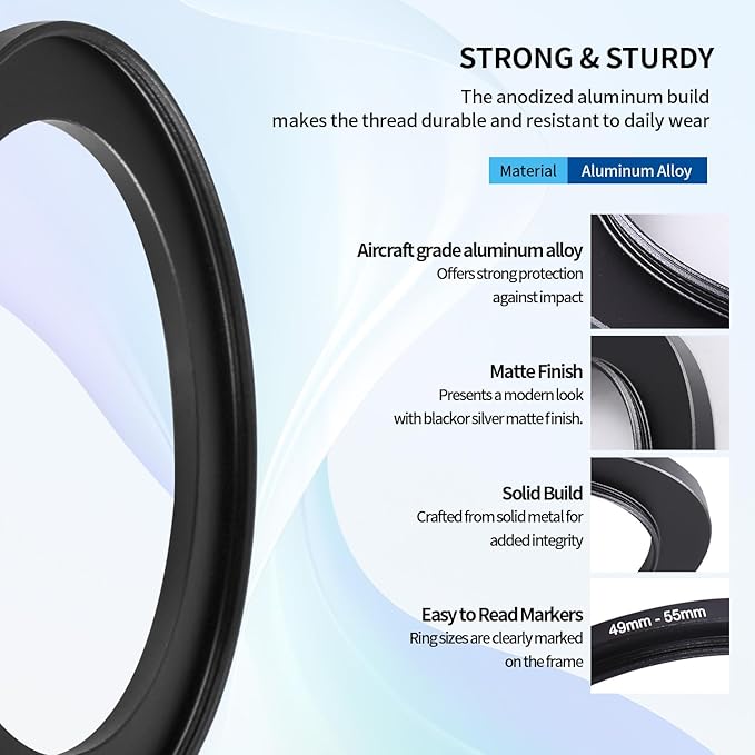 49-55mm Step-Up Ring Adapter, 49mm to 55mm Step Up Filter Ring for 49mm Lens Mount 55mm for DSLR Lenses and ND UV CPL IR Filters (49-55mm)